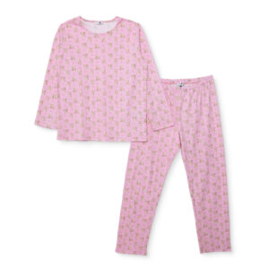 Anne Hamile Pijama Takımı Ayı Baskılı Bisiklet Yaka Uzun Kol Reçme